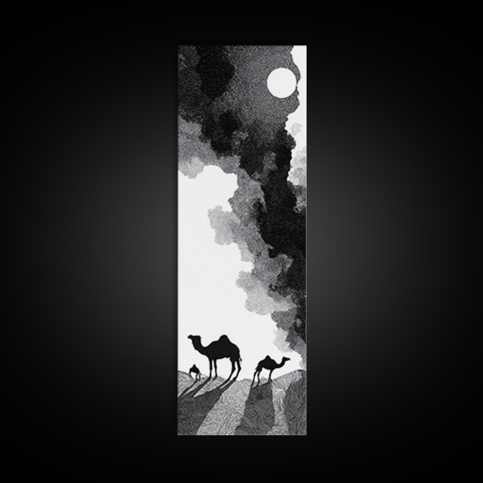 Black And White Desert Camels Under Sun Wall Art, African Landscape Canvas Print, Minimalist Safari Decor, Boho Travel Gift