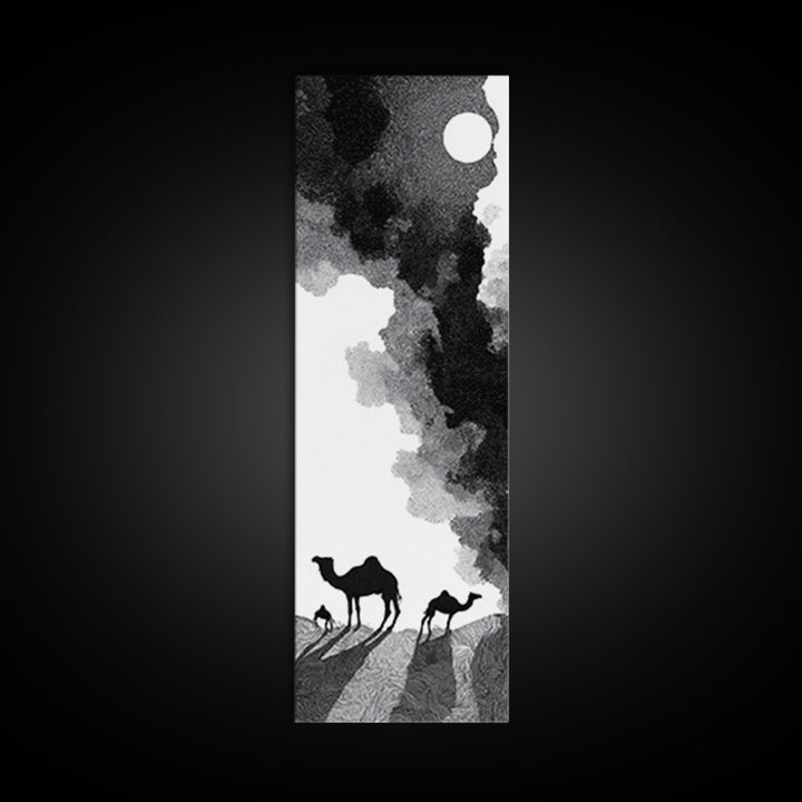 Black And White Desert Camels Under Sun Wall Art, African Landscape Canvas Print, Minimalist Safari Decor, Boho Travel Gift