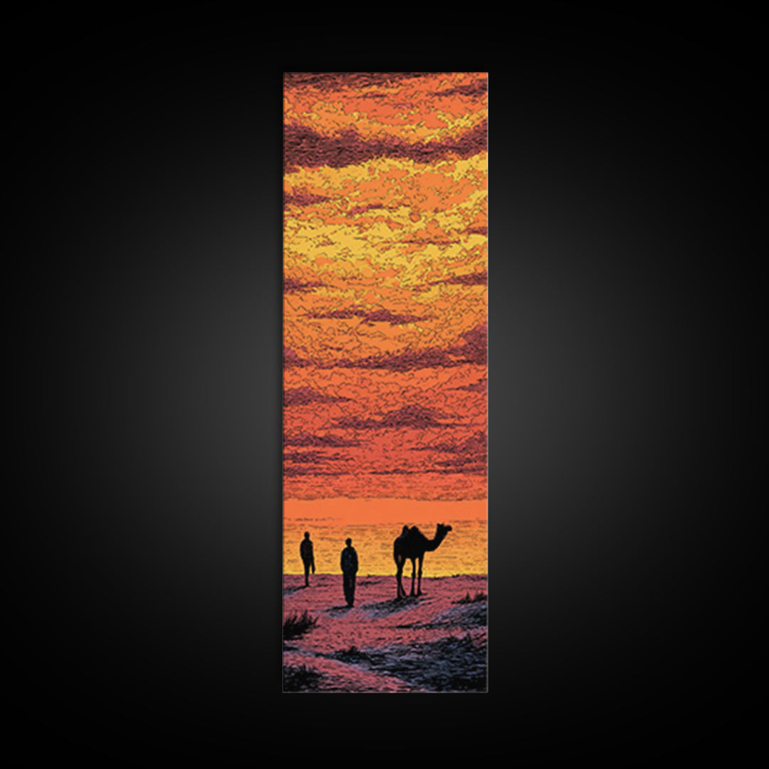 Orange Sahara Sunset With Camel Silhouettes Canvas Print, African Landscape Wall Art, Desert Travel Decor, Warm Boho Gift