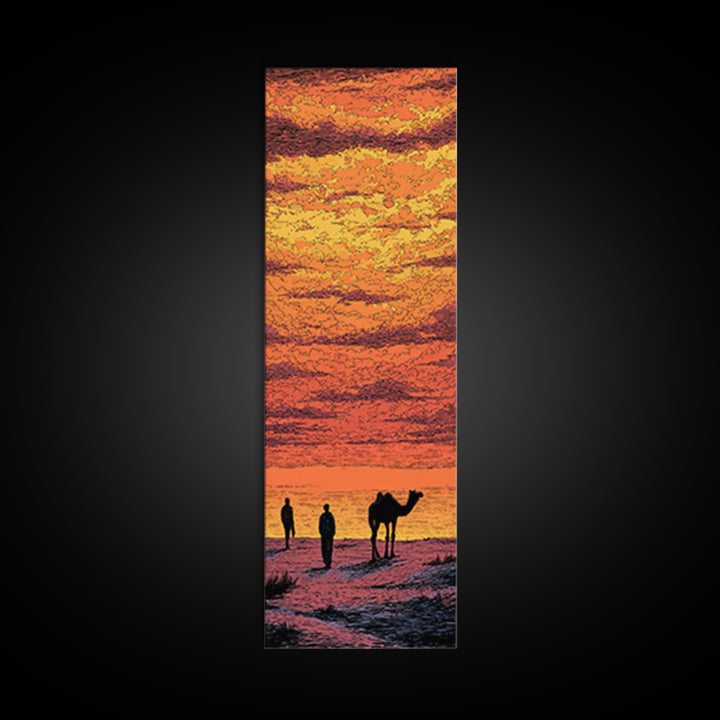 Orange Sahara Sunset With Camel Silhouettes Canvas Print, African Landscape Wall Art, Desert Travel Decor, Warm Boho Gift