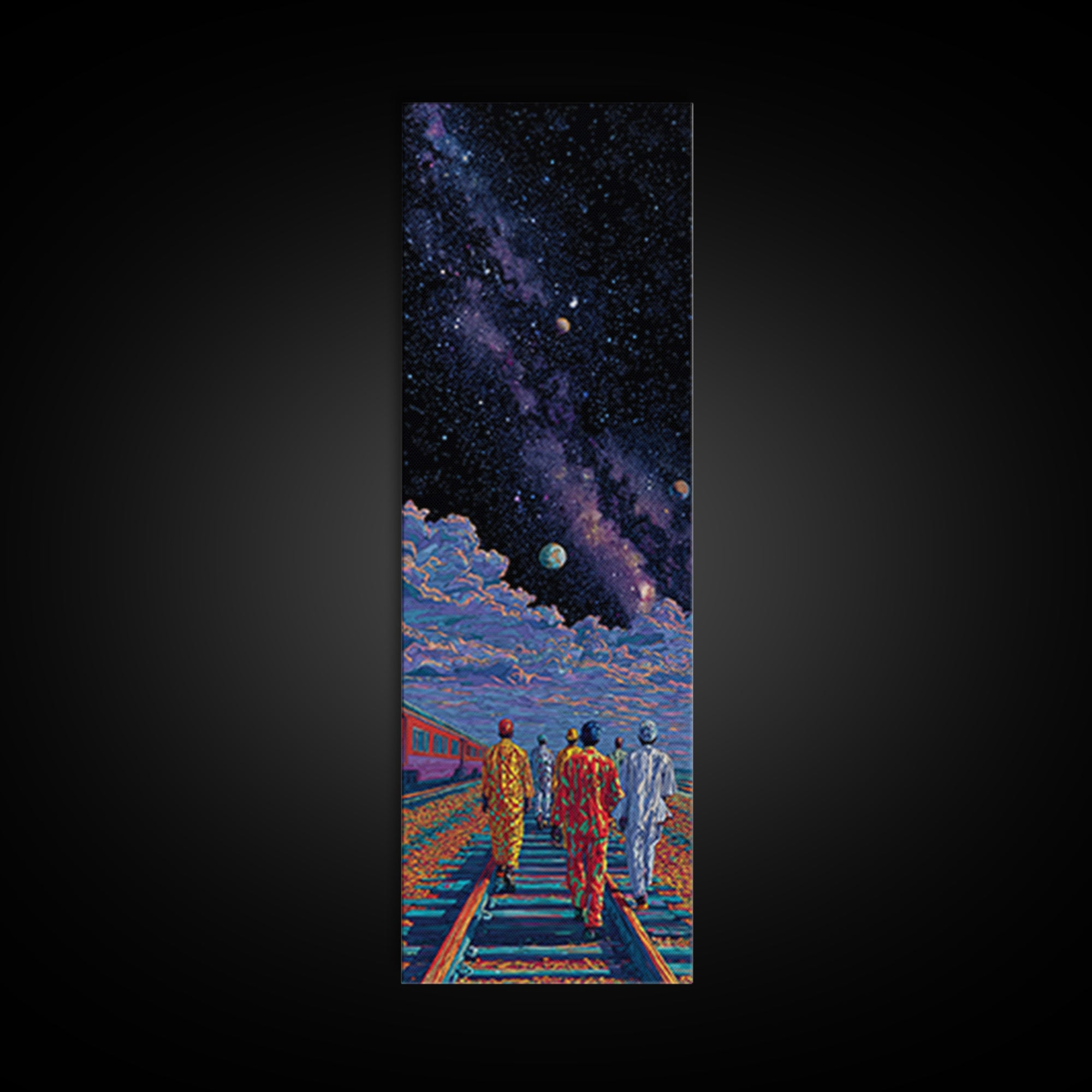 Afrofuturist Travelers On Cosmic Railroad Canvas Print, Black Culture Art, Galaxy Wall Decor, Modern African Home Decor Gift