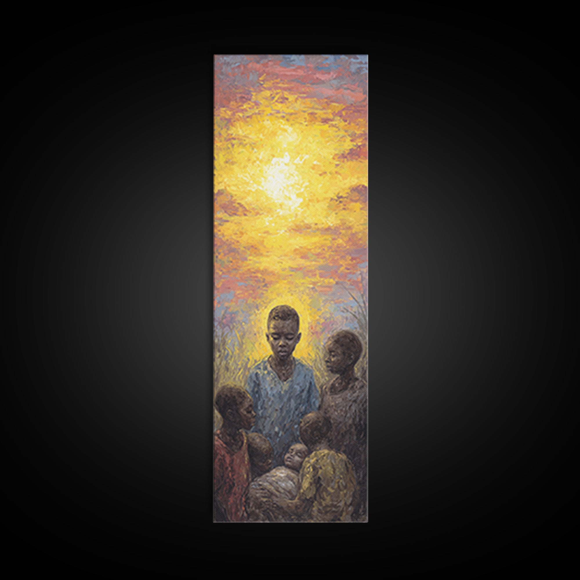 African Children Gathered In Golden Sunset Wall Art, Black Family Art, Motherland Portrait, Warm Cultural Home Decor Gift