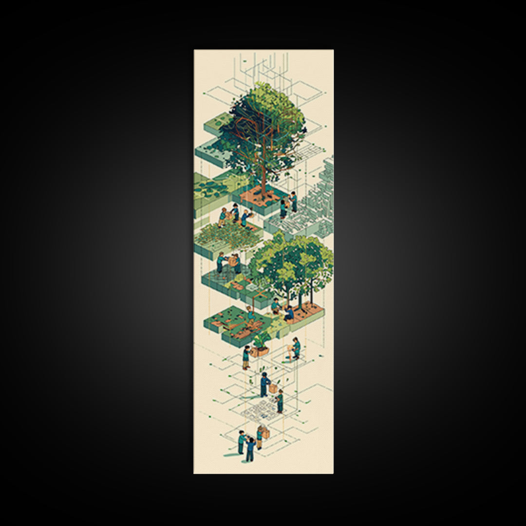 Isometric Urban Garden And Big Tree Wall Art, Community Park Illustration, Modern Green Home Decor, Unique Canvas Gift For Office