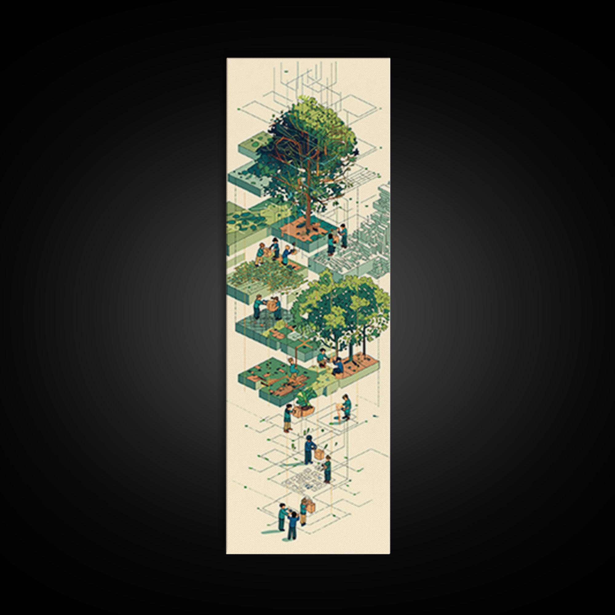 Isometric Urban Garden And Big Tree Wall Art, Community Park Illustration, Modern Green Home Decor, Unique Canvas Gift For Office