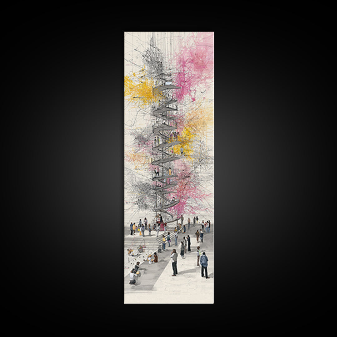Spiral Tower In Blooming City Framed Canvas Print, Architectural Wall Art, Urban People Scene, Modern Office Decor Gift For Him