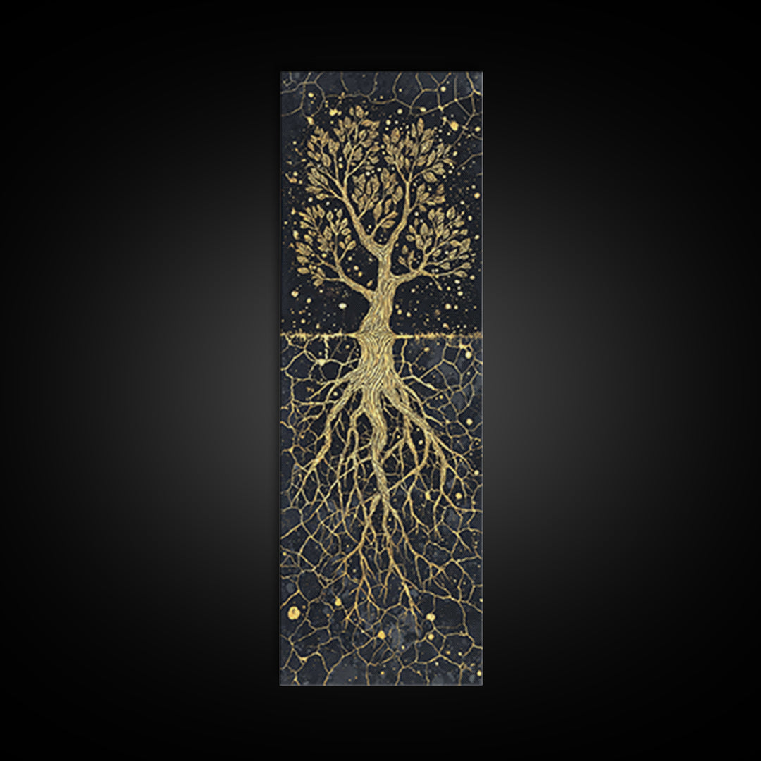 Golden Rooted Tree Of Life Framed Canvas Print, African Abstract, Black And Gold Art, Spiritual Wall Decor, Statement Piece