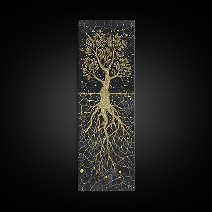 Golden Rooted Tree Of Life Framed Canvas Print, African Abstract, Black And Gold Art, Spiritual Wall Decor, Statement Piece