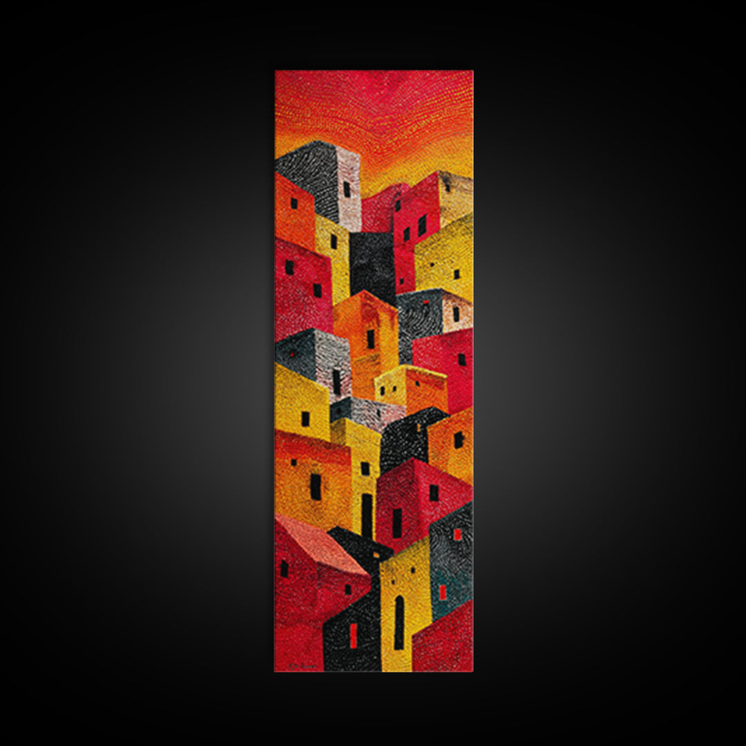Bold Sunlit Geometric Village Wall Art, African Inspired Decor, Colorful Abstract Painting, Modern Boho Canvas Print Gift
