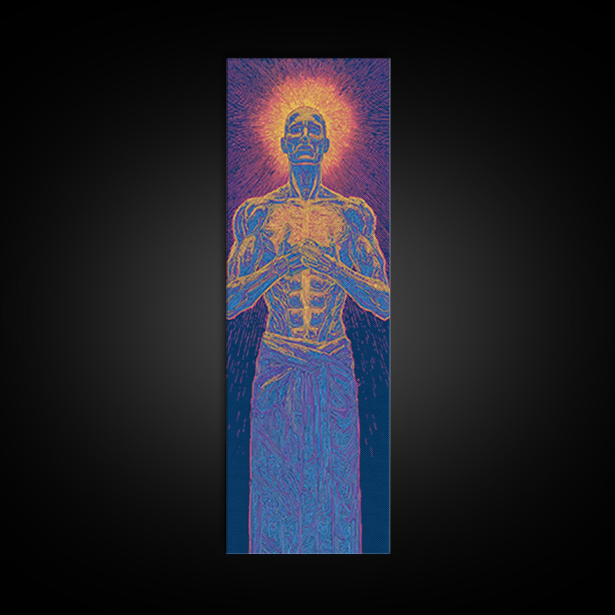 Glowing Anatomical Prayer Male Energy Figure Canvas Print, Spiritual Wall Art, Abstract Black Art, Meditation Room Decor Gift