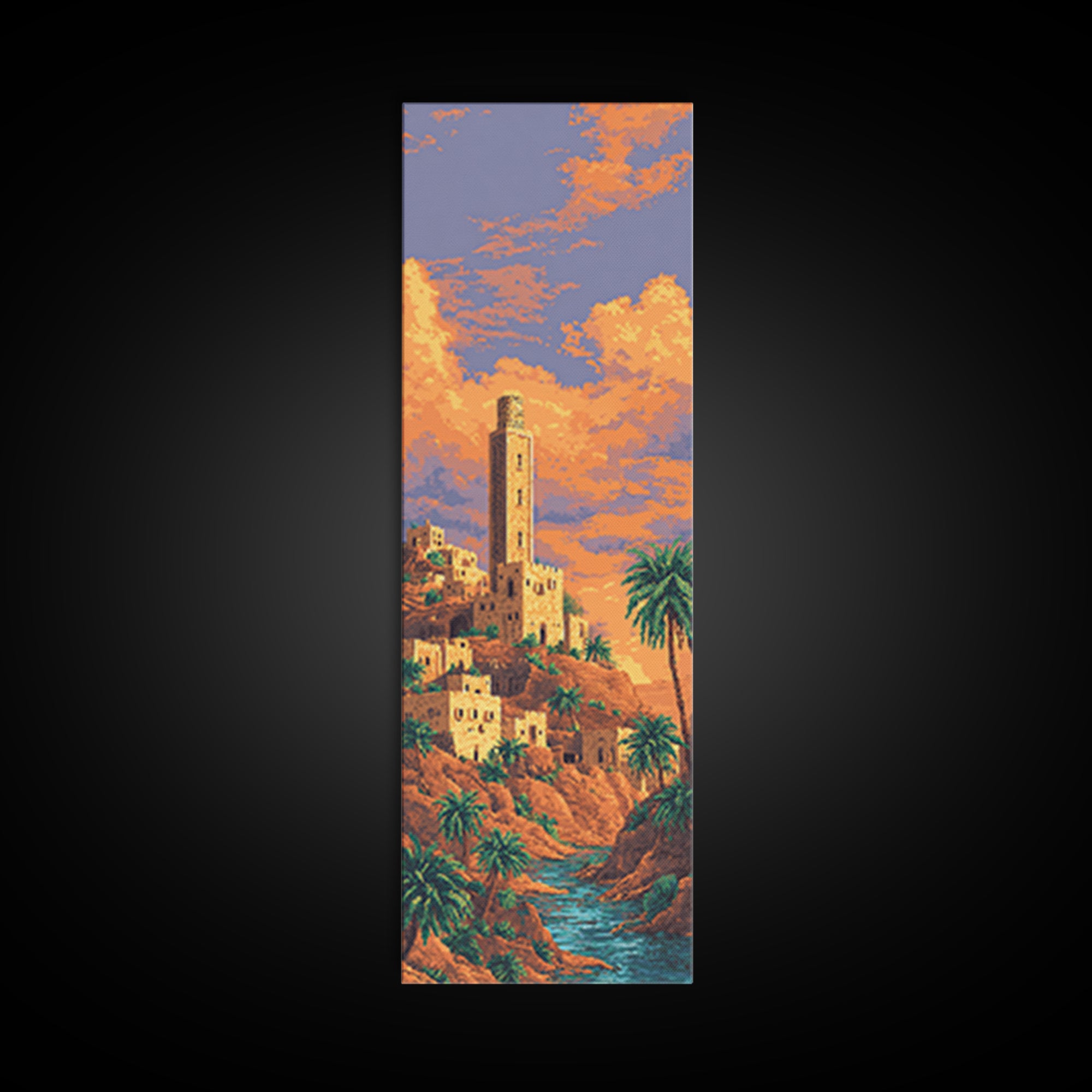 Sunset Desert Tower Oasis Canvas Print, African Landscape Wall Decor, Moroccan Travel Poster, Palm Tree Boho Home Decor Gift
