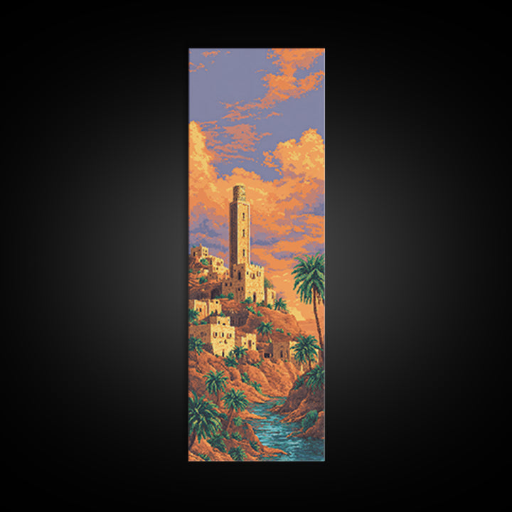 Sunset Desert Tower Oasis Canvas Print, African Landscape Wall Decor, Moroccan Travel Poster, Palm Tree Boho Home Decor Gift