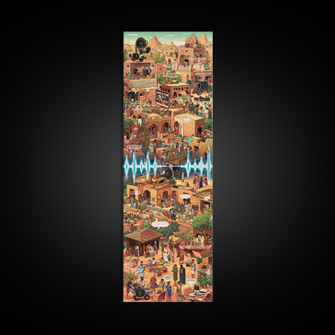 Bustling African Market City Wall Art, Pixel Style Cultural Canvas Decor, Afrocentric Travel Poster, Vibrant Statement Print