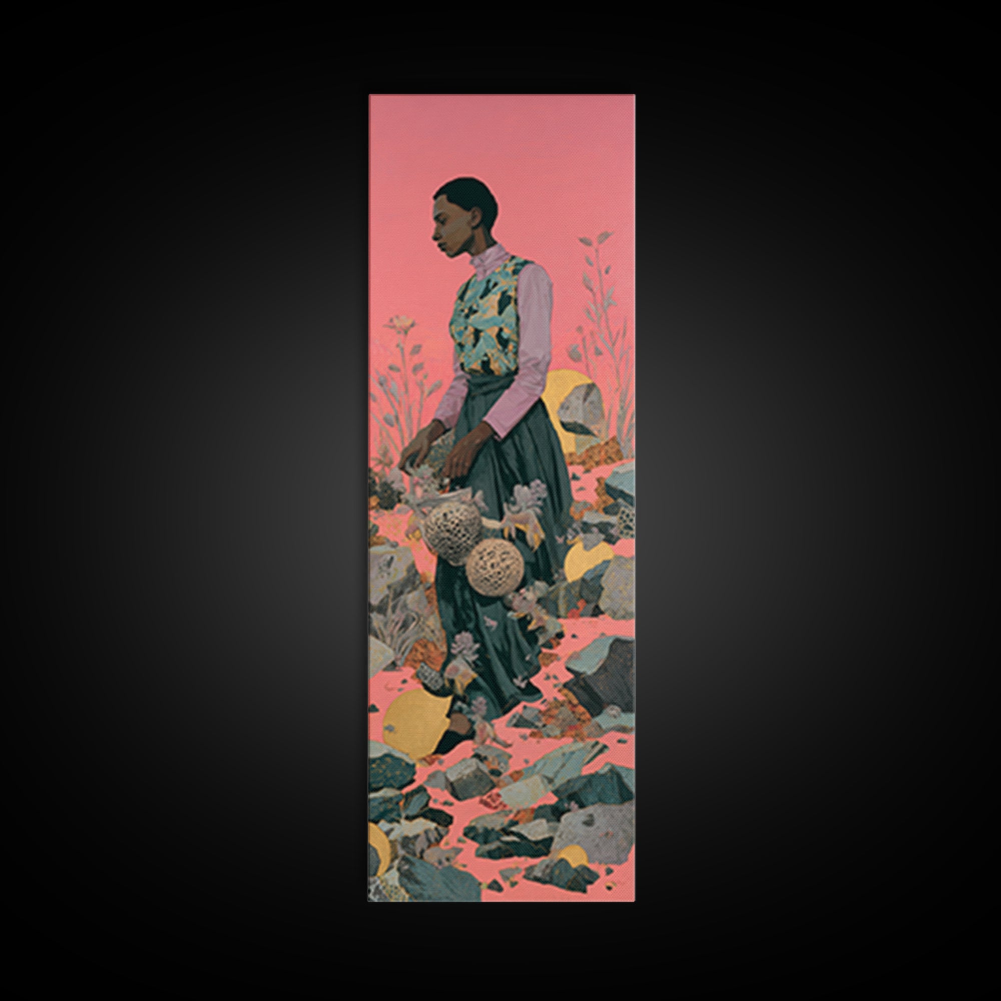 Elegant Black Woman In Floral Garden Framed Canvas Print, African Woman Art, Feminine Wall Decor, Melanin Portrait Gift For Her