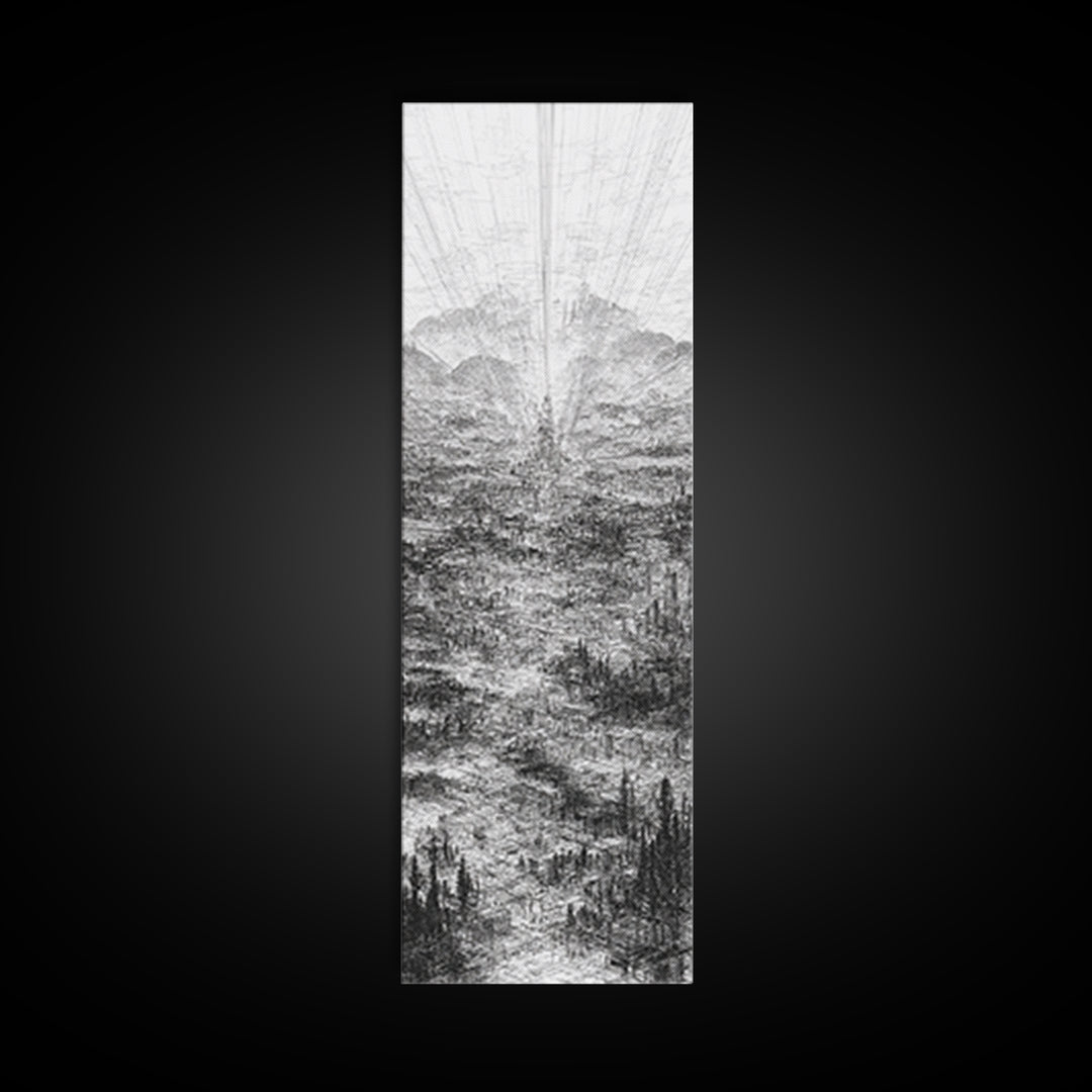 Monochrome Futuristic City Spire Canvas Print, Abstract Urban Architecture Wall Decor, Minimalist Black And White Art Poster