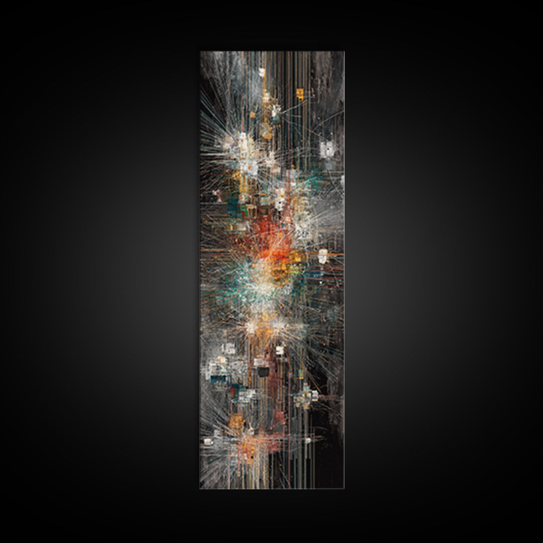 Dark Futuristic City Lights Framed Canvas Print, Abstract Urban Wall Art, Modern Black Gold Teal Statement Decor For Living Room