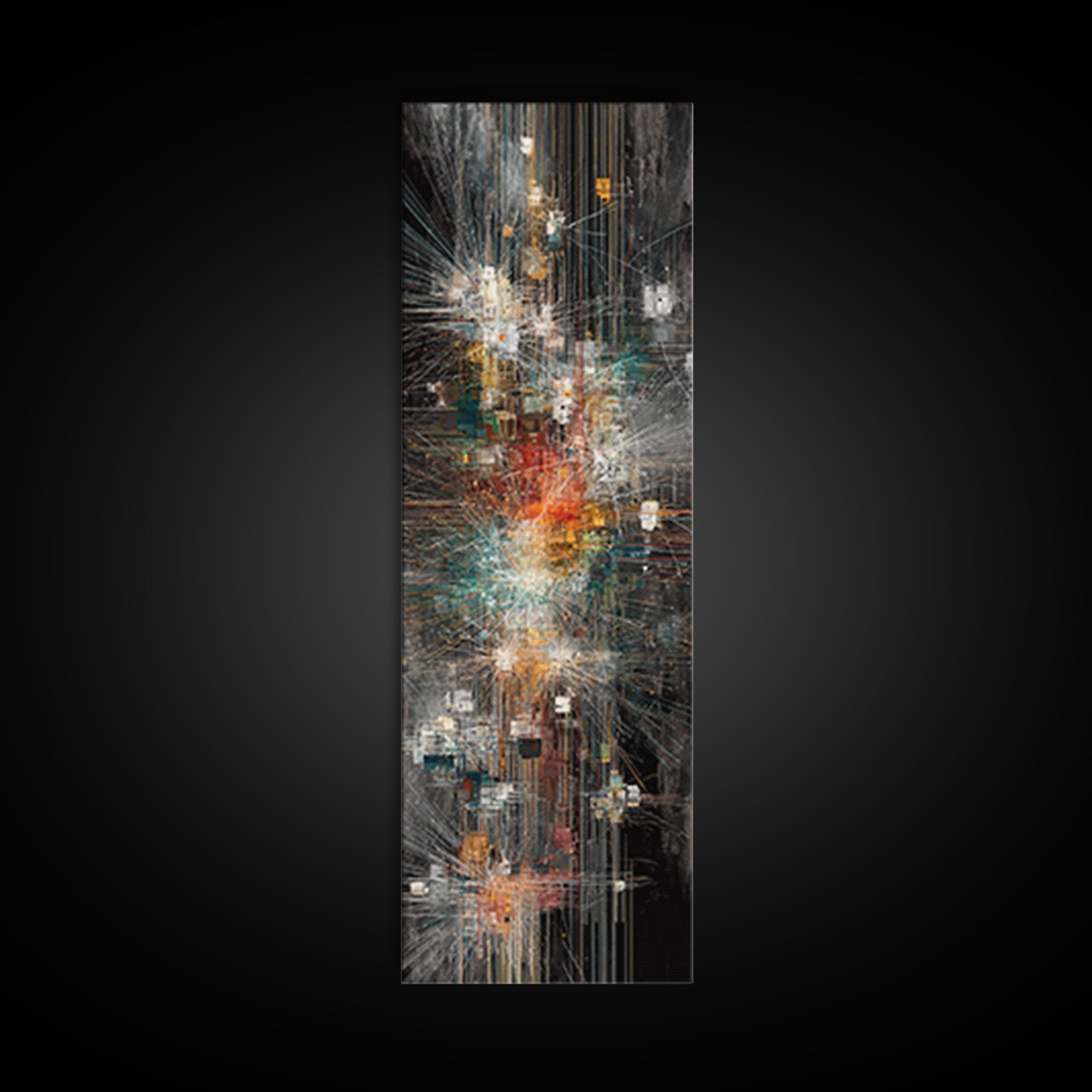 Dark Futuristic City Lights Framed Canvas Print, Abstract Urban Wall Art, Modern Black Gold Teal Statement Decor For Living Room