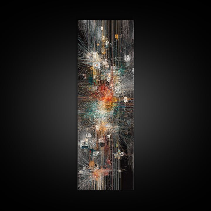 Dark Futuristic City Lights Framed Canvas Print, Abstract Urban Wall Art, Modern Black Gold Teal Statement Decor For Living Room