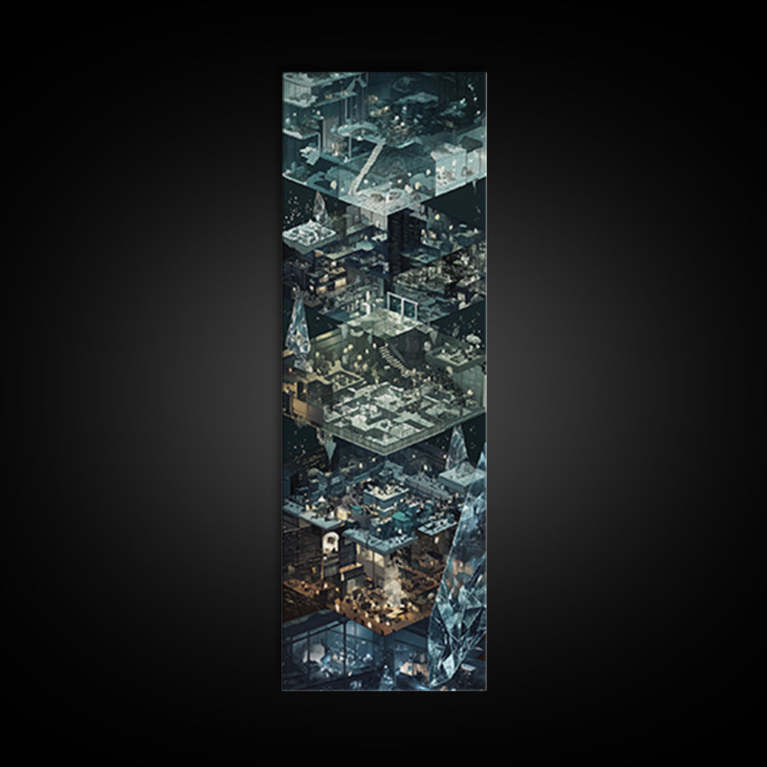 Floating Crystal Interior Architecture Wall Art, Futuristic Isometric Rooms Print, Modern Blue Gray Sci Fi Home Decor Gift
