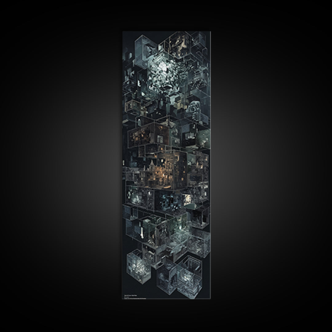 Dark Isometric Cyberpunk City Blocks Canvas Print, Futuristic Architecture Wall Decor, Modern Black Sci Fi Art Poster Gift