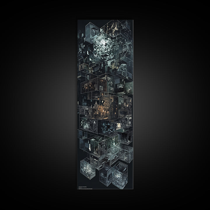 Dark Isometric Cyberpunk City Blocks Canvas Print, Futuristic Architecture Wall Decor, Modern Black Sci Fi Art Poster Gift
