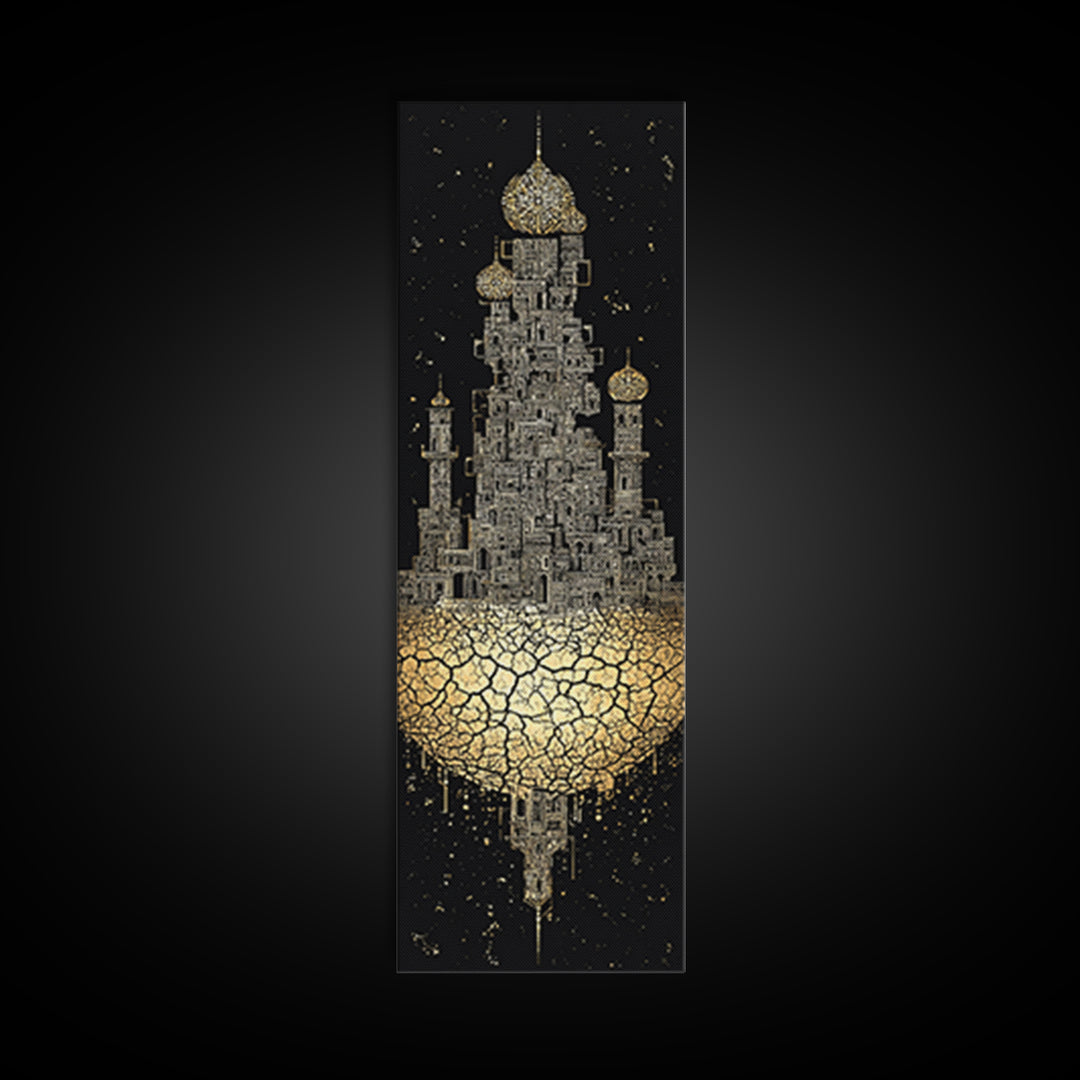 Golden Floating Afro Futurist Castle, Black And Gold African Wall Art, Luxury Canvas Print, Statement Home Decor Gift For Living Room