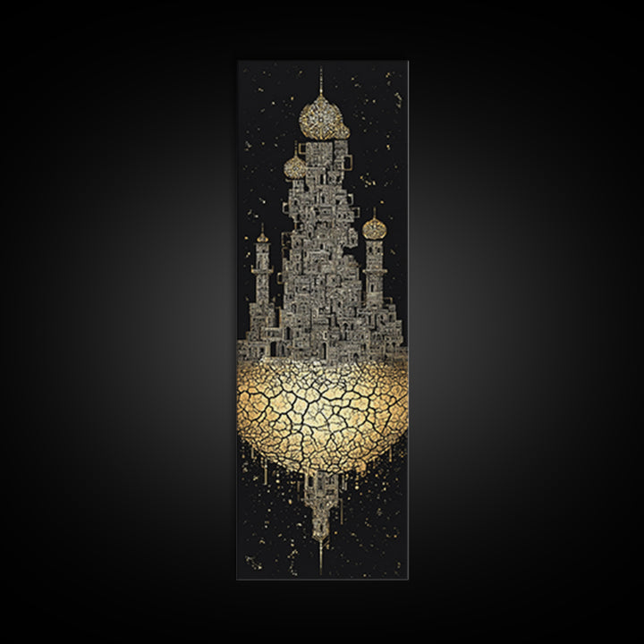 Golden Floating Afro Futurist Castle, Black And Gold African Wall Art, Luxury Canvas Print, Statement Home Decor Gift For Living Room