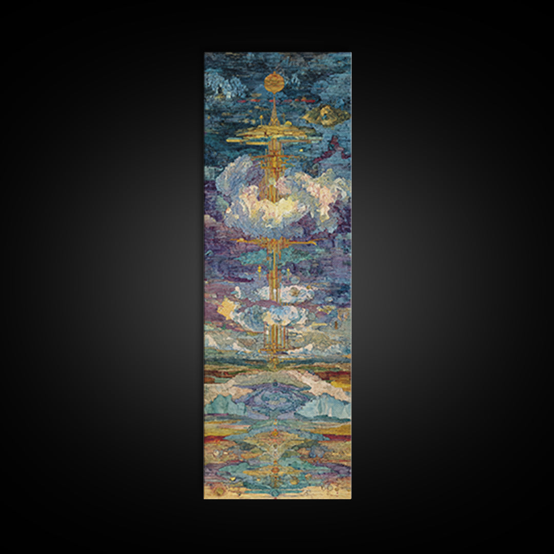 Floating Golden Temple In Clouds Wall Art, Mystical Landscape Art Print, Blue Gold Statement Decor, Modern Canvas Art Gift
