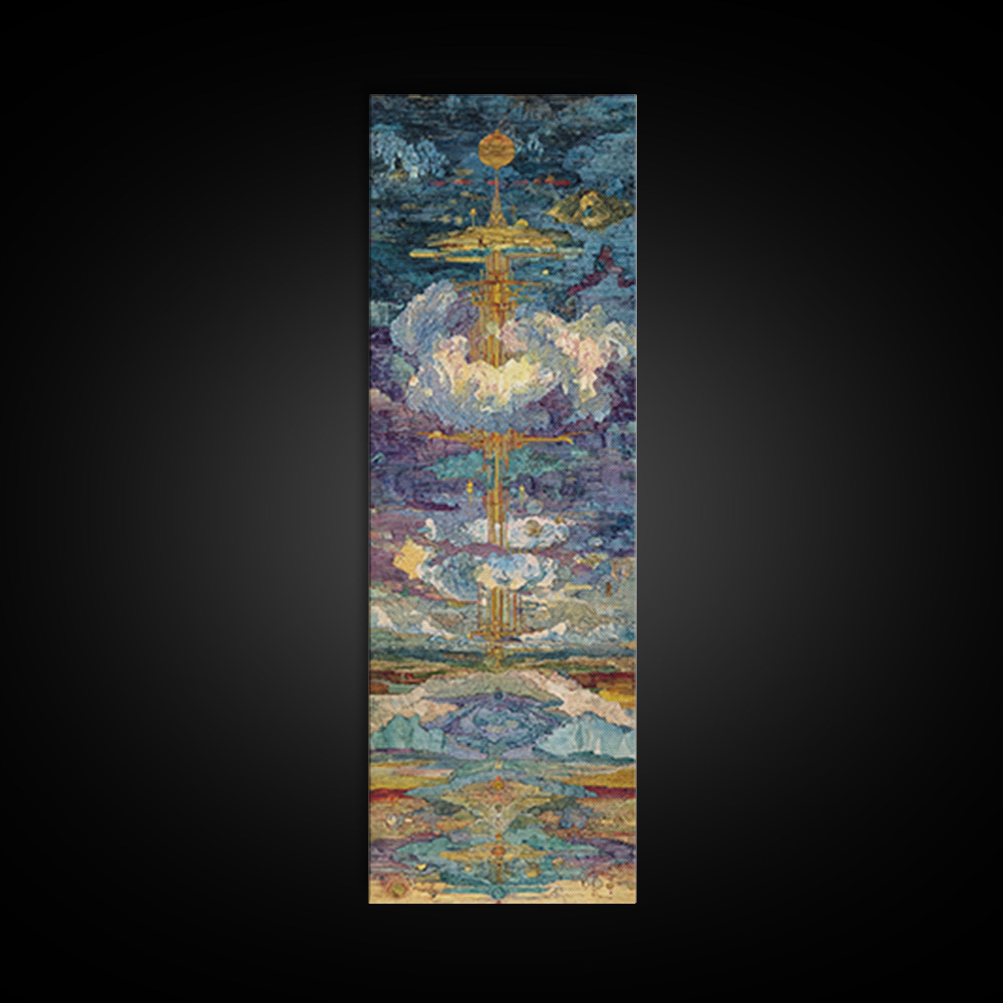 Floating Golden Temple In Clouds Wall Art, Mystical Landscape Art Print, Blue Gold Statement Decor, Modern Canvas Art Gift