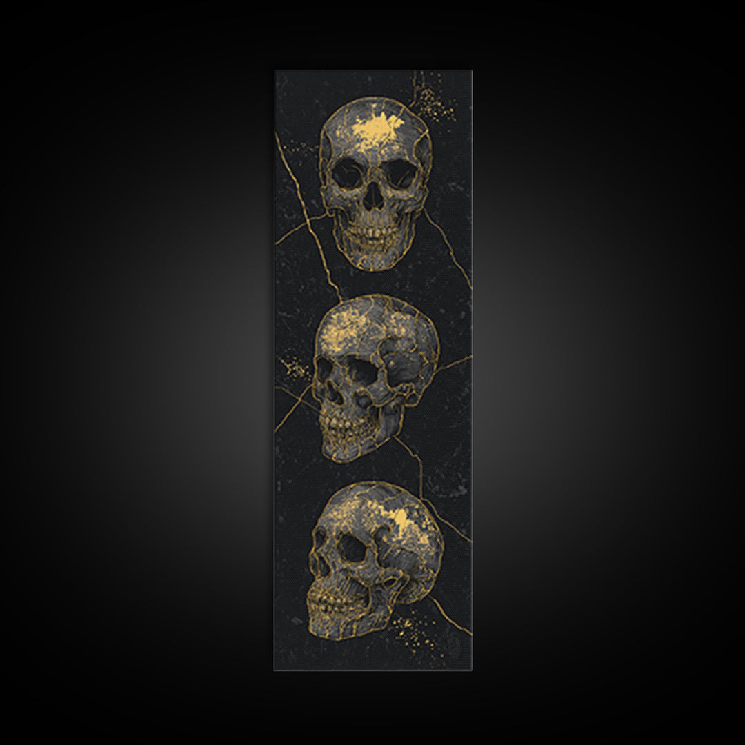 Three Gold Skulls On Black Canvas Print, Gothic Anatomy Wall Art, Dark Luxury Decor, Macabre Statement Gift For Him Home Decor