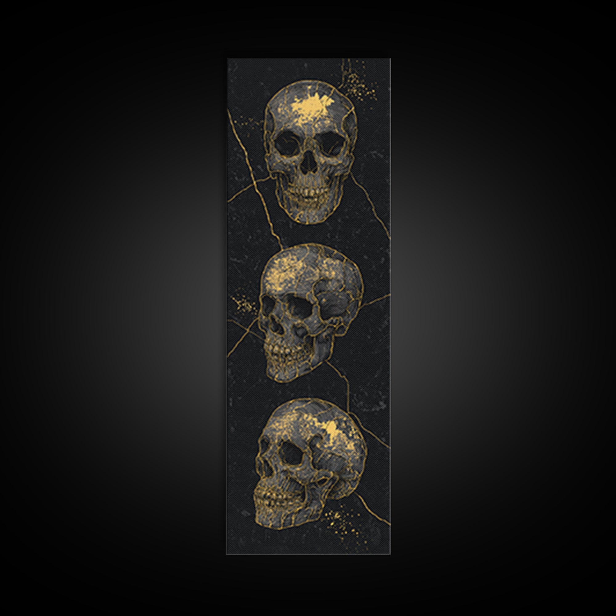 Three Gold Skulls On Black Canvas Print, Gothic Anatomy Wall Art, Dark Luxury Decor, Macabre Statement Gift For Him Home Decor