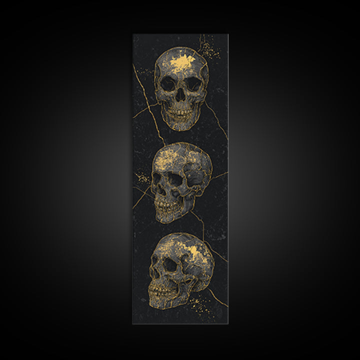 Three Gold Skulls On Black Canvas Print, Gothic Anatomy Wall Art, Dark Luxury Decor, Macabre Statement Gift For Him Home Decor