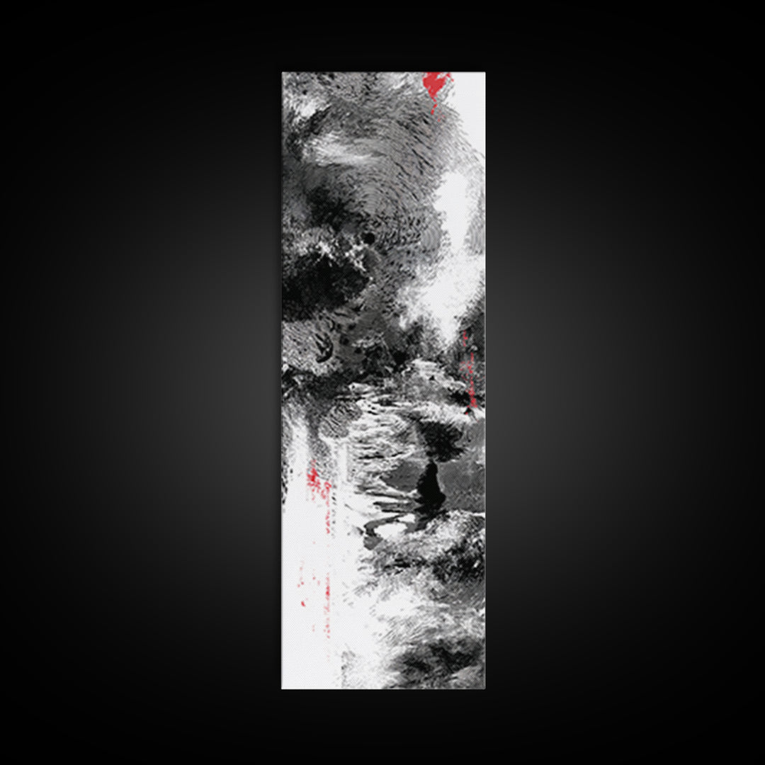 Black And White Abstract River Figure Wall Art, African Abstract Painting, Modern Ink Texture Decor With Red Accents Fine Art Print