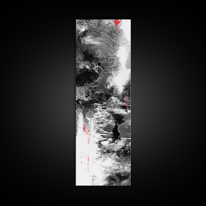 Black And White Abstract River Figure Wall Art, African Abstract Painting, Modern Ink Texture Decor With Red Accents Fine Art Print
