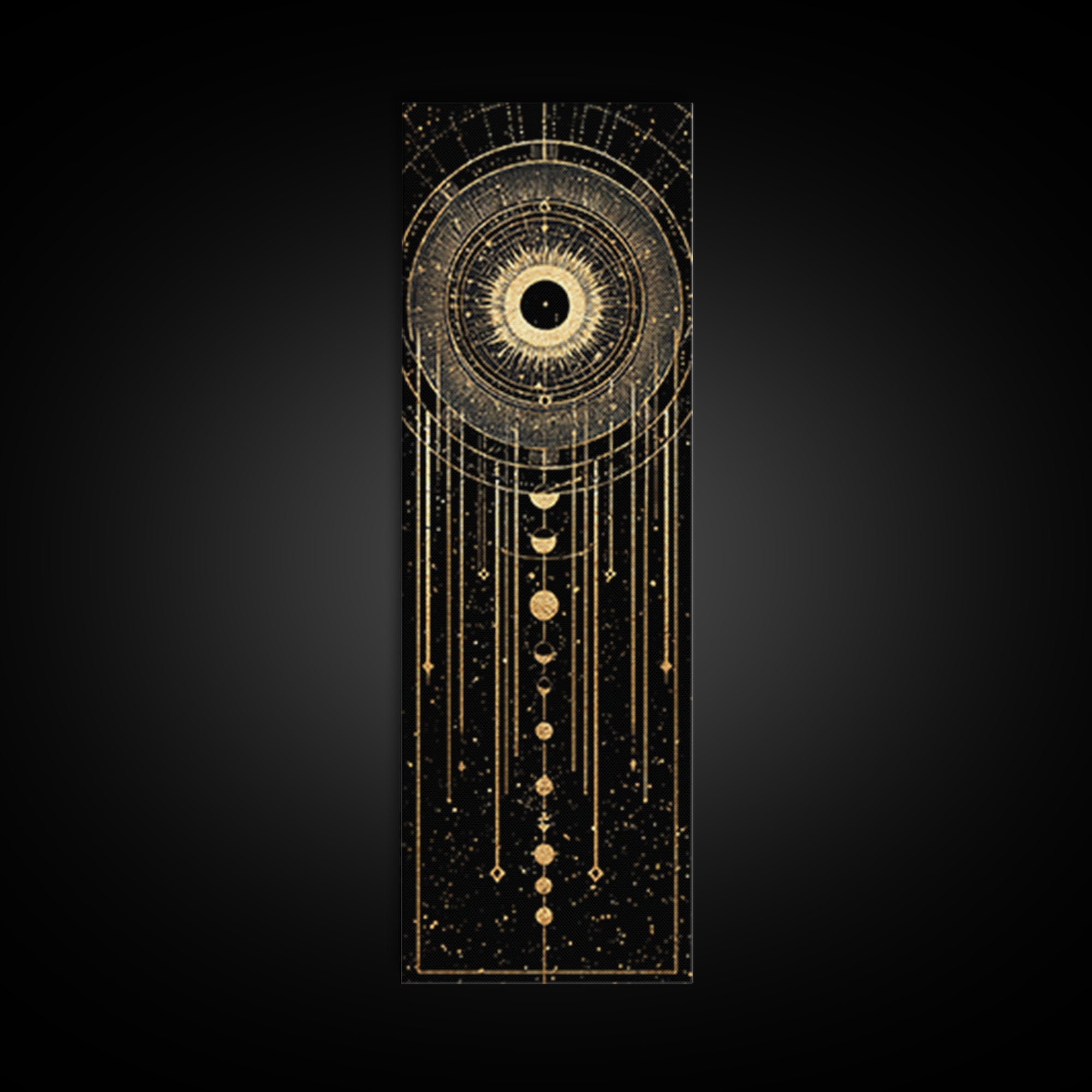 Golden Celestial Eye And Moon Phases Wall Art, African Inspired Spiritual Wall Decor, Mystical Black Gold Canvas Print Gift