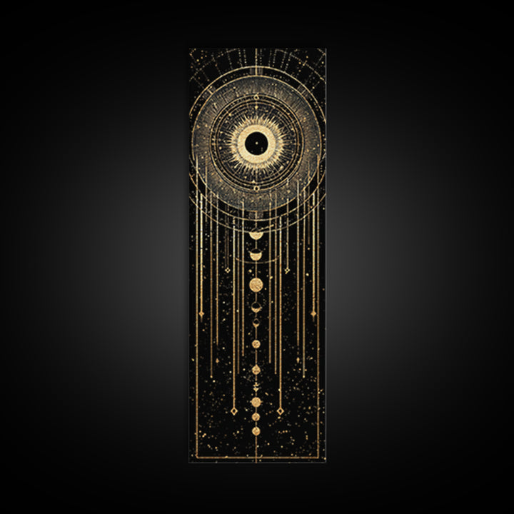 Golden Celestial Eye And Moon Phases Wall Art, African Inspired Spiritual Wall Decor, Mystical Black Gold Canvas Print Gift
