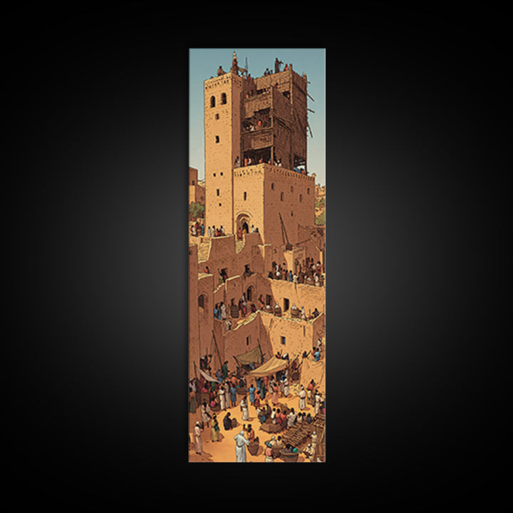 Desert Market Tower And Adobe City Wall Art, African Travel Poster, Moroccan Inspired Cultural Wall Decor, Warm Earth Tone Gift