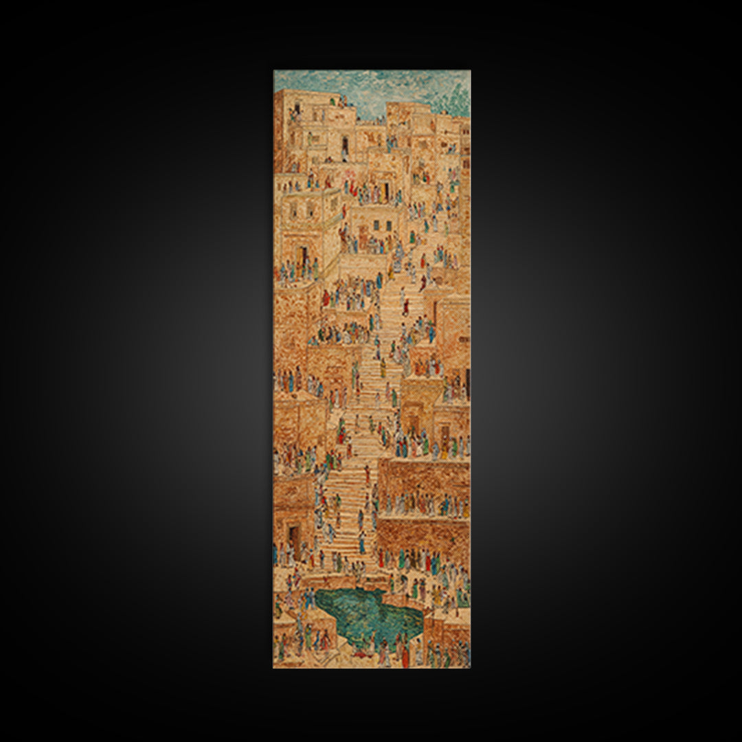 Ancient African Stairway Market Wall Art, Desert Cityscape Canvas Print, Terracotta Cultural Decor, Historic Village Artwork