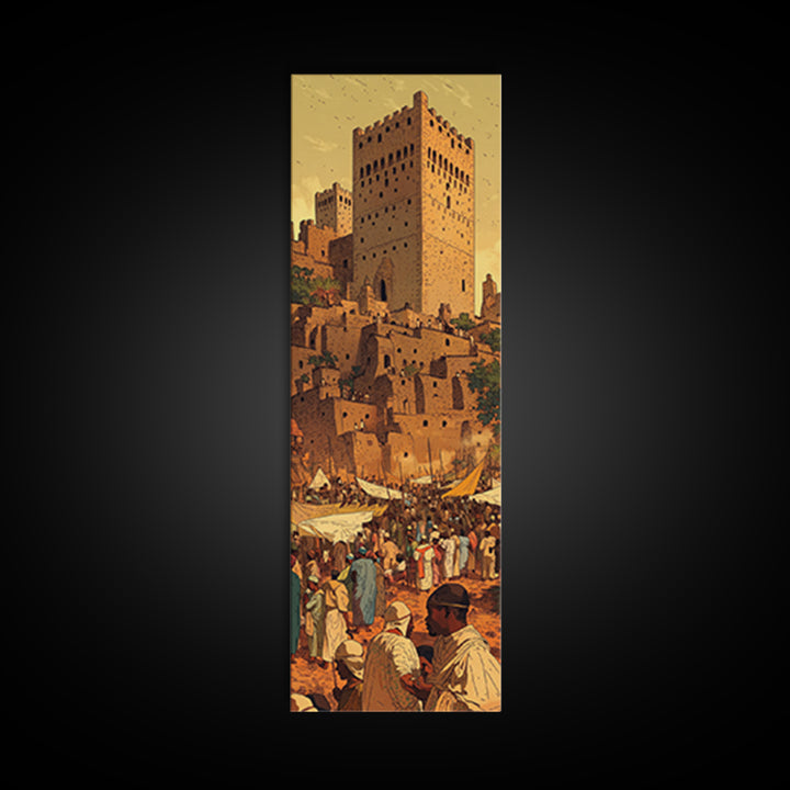 Moroccan Kasbah Market Wall Art, Sunset Desert Tower Canvas Print, African Travel Poster, Warm Terracotta Home Decor Artwork