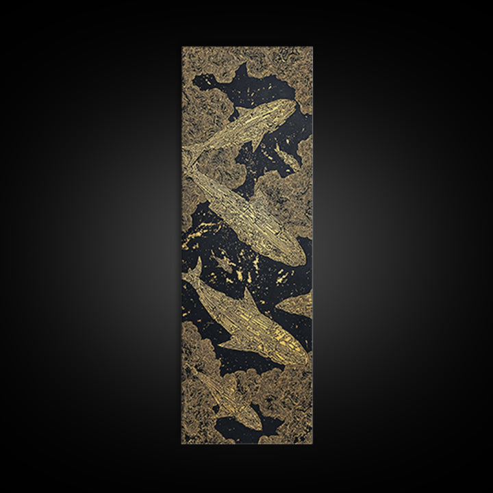 Golden Koi Fish On Black Abstract Wall Art, Luxury Canvas Print, Asian Inspired Decor, Textured Black And Gold Artwork Print