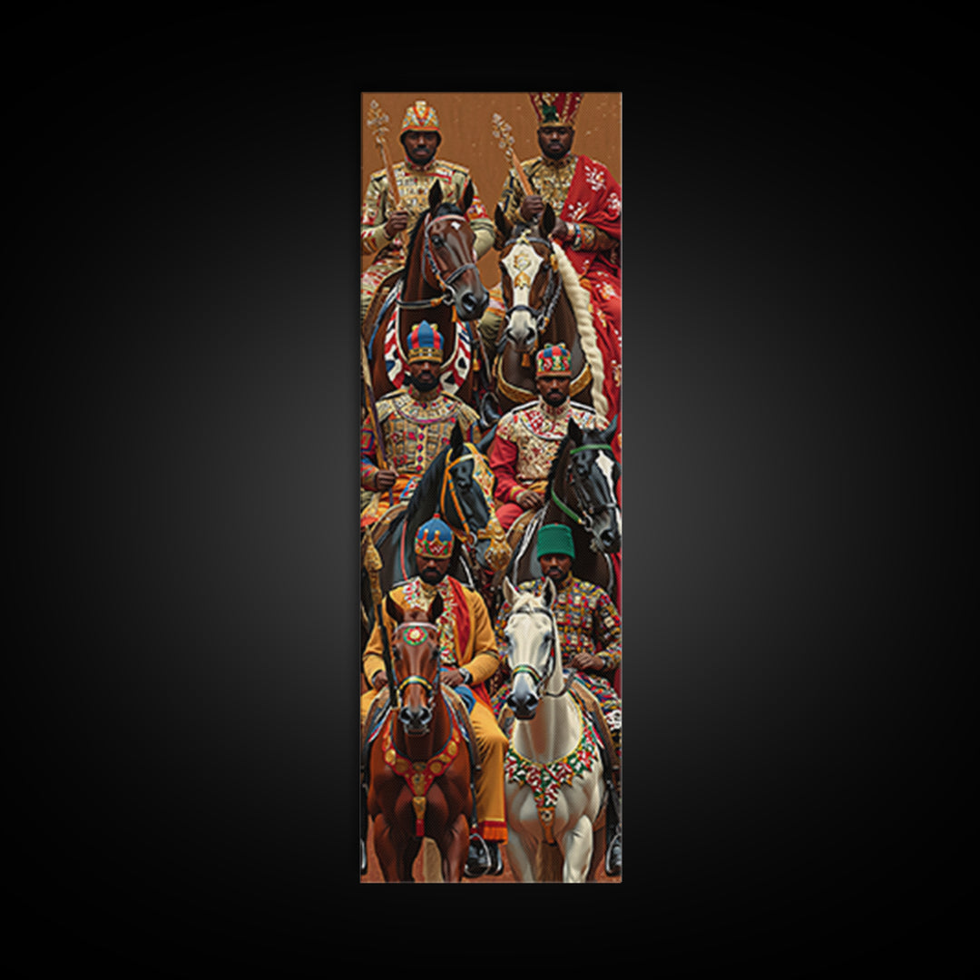 Ornate African Kings Riding Horses Framed Canvas Print, African Portrait, African Warrior Art, Afrocentric Decor, Cultural Wall Art
