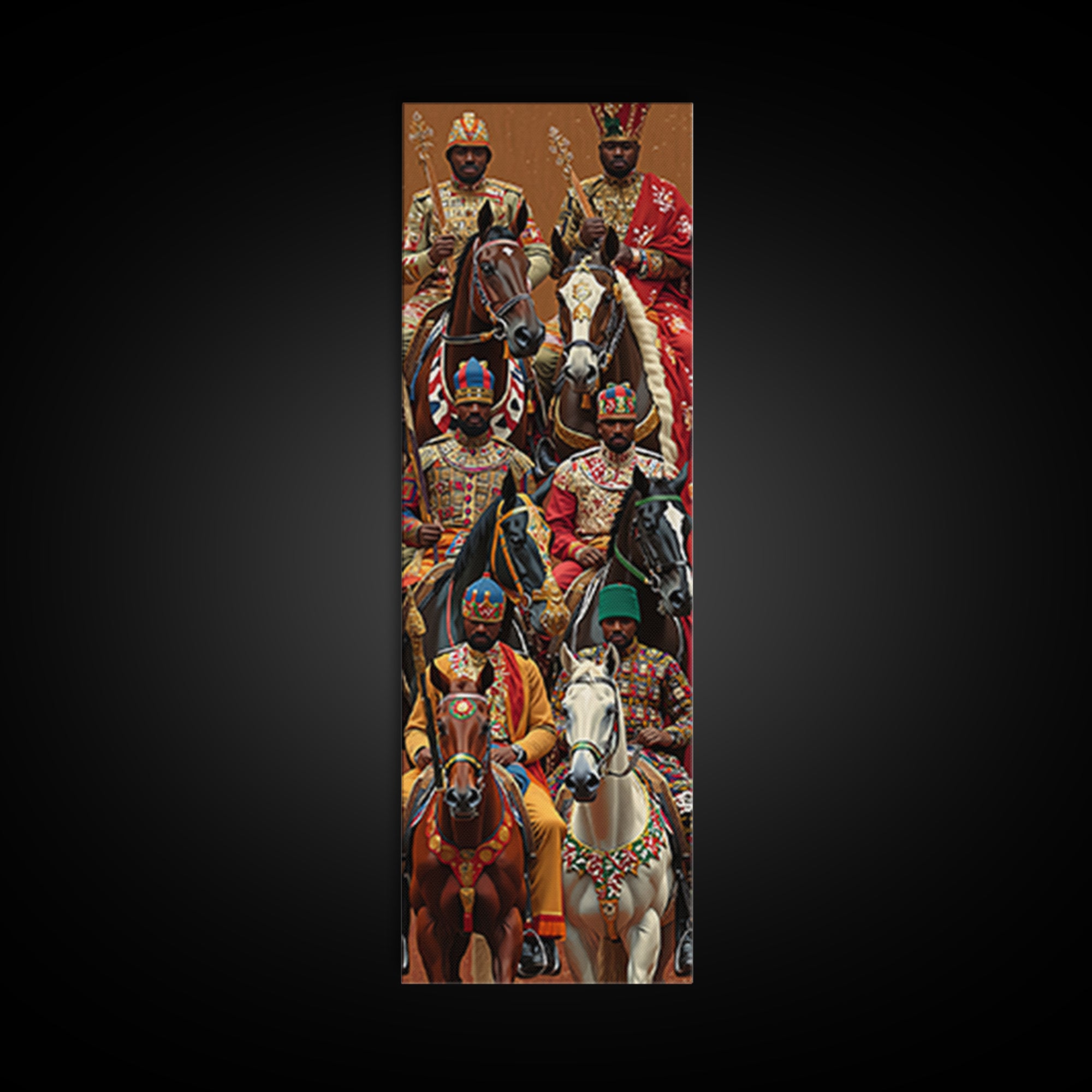 Ornate African Kings Riding Horses Framed Canvas Print, African Portrait, African Warrior Art, Afrocentric Decor, Cultural Wall Art