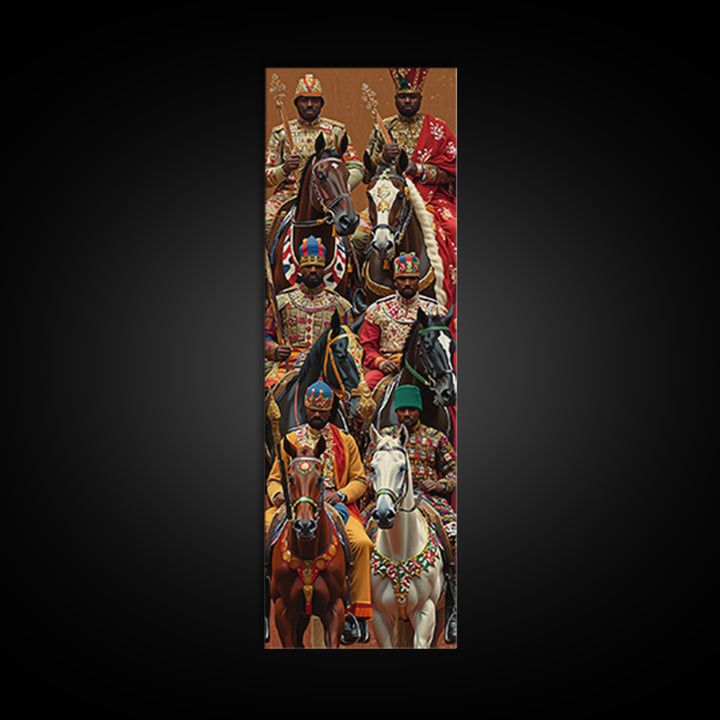 Ornate African Kings Riding Horses Framed Canvas Print, African Portrait, African Warrior Art, Afrocentric Decor, Cultural Wall Art