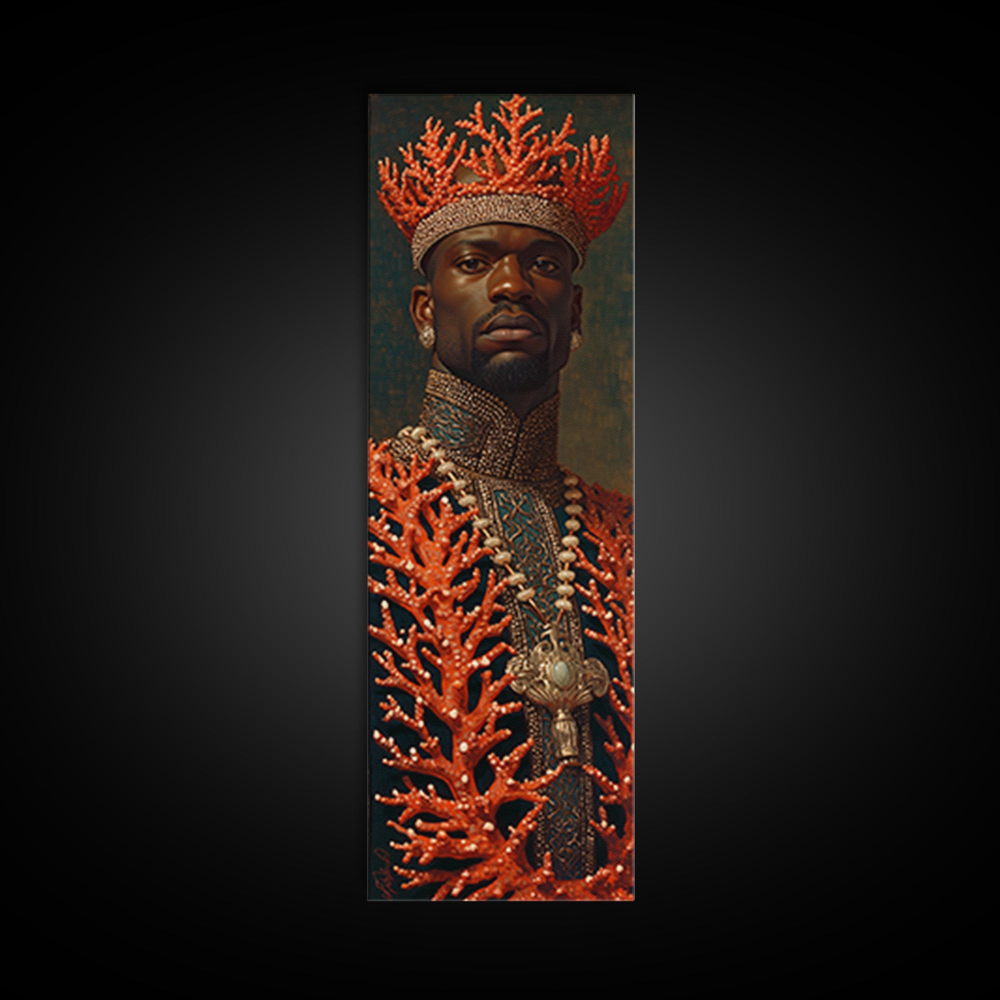 Black King In Coral Crown Portrait Canvas Print, African Portrait Art, Black Man Wall Art, Gold Jewelry Canvas, Luxury Decor