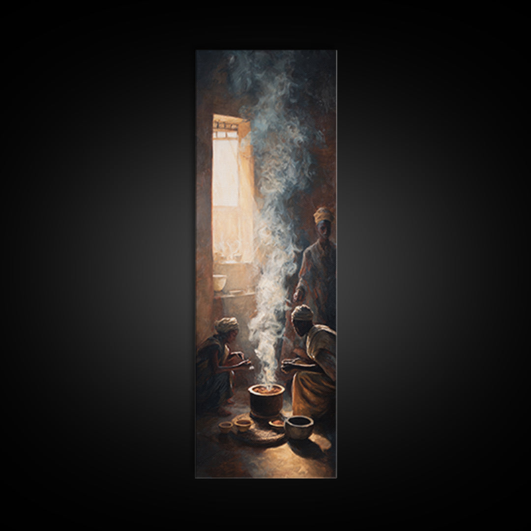 Smoky African Family Cooking By Window Wall Art, African Painting, Black Culture Art, Spiritual Home Decor, Meaningful Gift