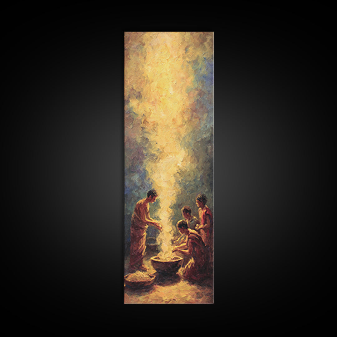 Golden African Family Firelight Gathering Framed Canvas Print, African Painting, Black Family Art, Spiritual Wall Art, Warm Decor