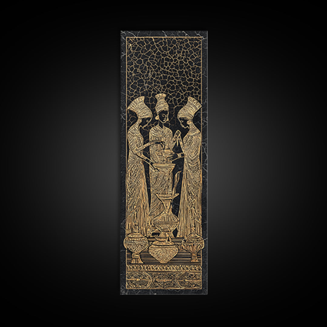 Golden African Women Ritual Wall Art, Ancient Egyptian Inspired Black Gold Canvas, Afrocentric Decor, Tribal Ceremony Print