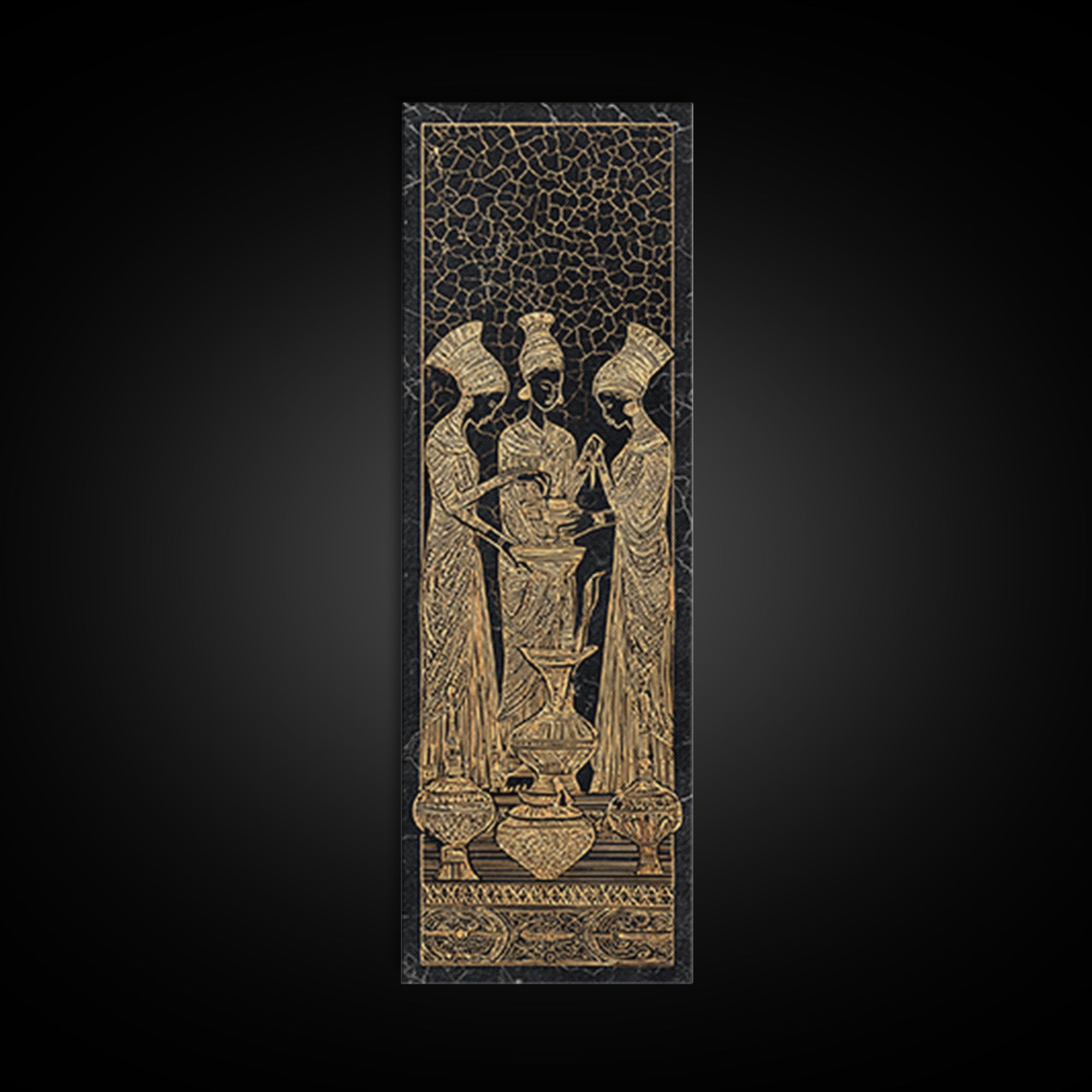 Golden African Women Ritual Wall Art, Ancient Egyptian Inspired Black Gold Canvas, Afrocentric Decor, Tribal Ceremony Print