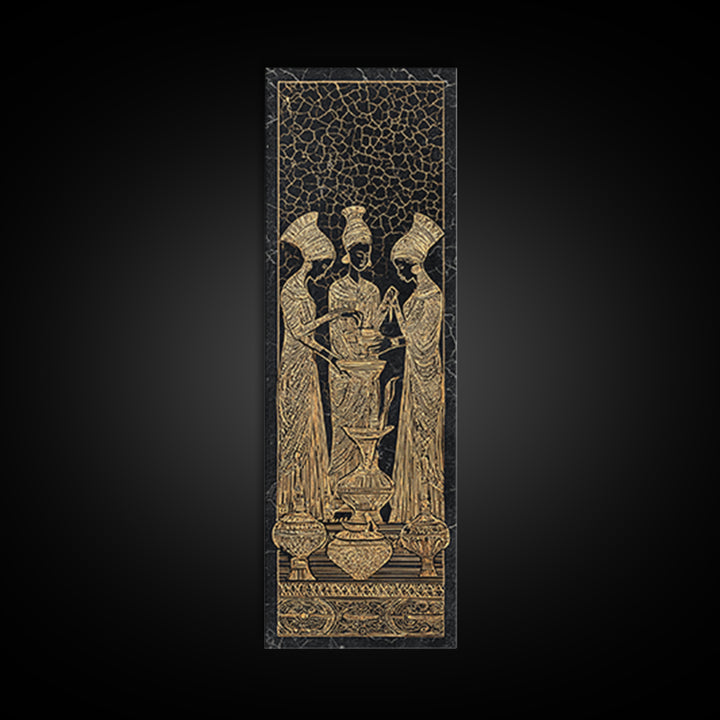 Golden African Women Ritual Wall Art, Ancient Egyptian Inspired Black Gold Canvas, Afrocentric Decor, Tribal Ceremony Print