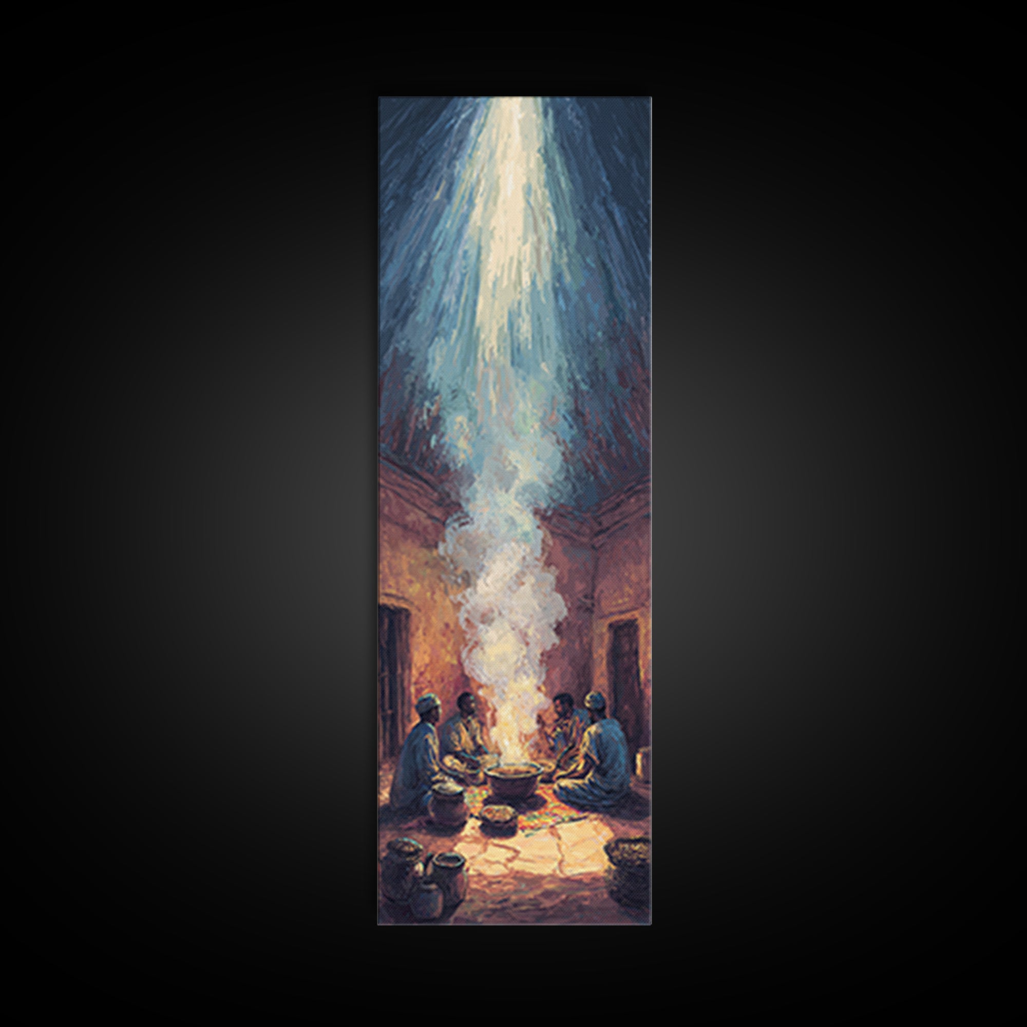 African Gathering With Sacred Steam Canvas Print, Ceremonial Light, Afrocentric Wall Decor, Spiritual Tribal Room Artwork