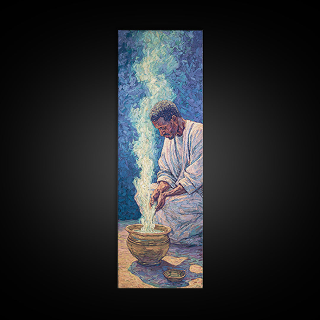 African Man Pouring Water Framed Canvas Print, Blue Spiritual Portrait Wall Decor, Afrocentric Culture Art For Living Room